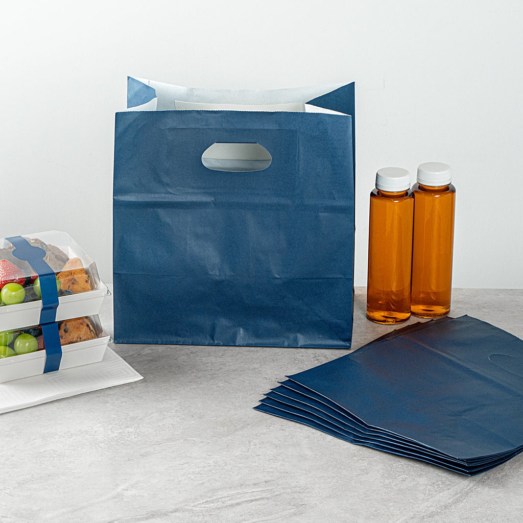 Bag Tek Rectangle Midnight Blue Paper Take Out Bag - with Handles - 11" x 7" x 11" - 100 count box