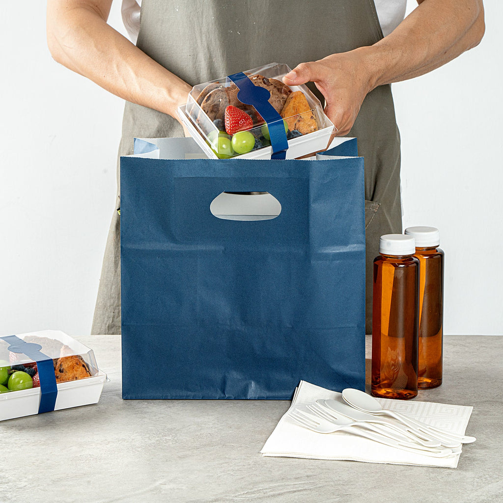 Bag Tek Rectangle Midnight Blue Paper Take Out Bag - with Handles - 11" x 7" x 11" - 100 count box