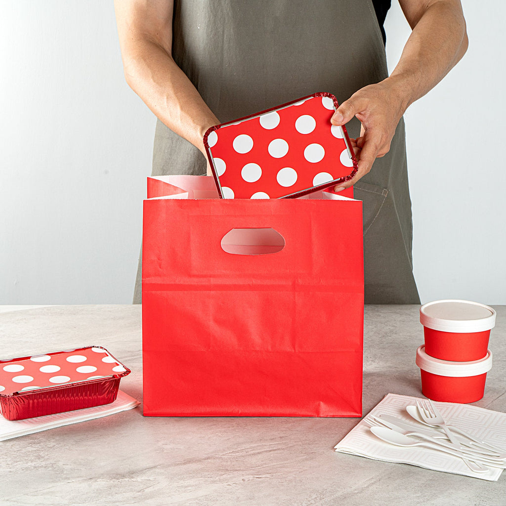 Bag Tek Rectangle Red Paper Take Out Bag - with Handles - 11" x 7" x 11" - 100 count box