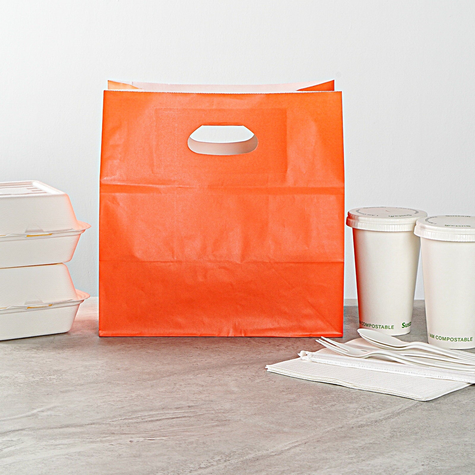 Bag Tek Rectangle Tangerine Orange Paper Take Out Bag - with Handles - 11" x 7" x 11" - 100 count box