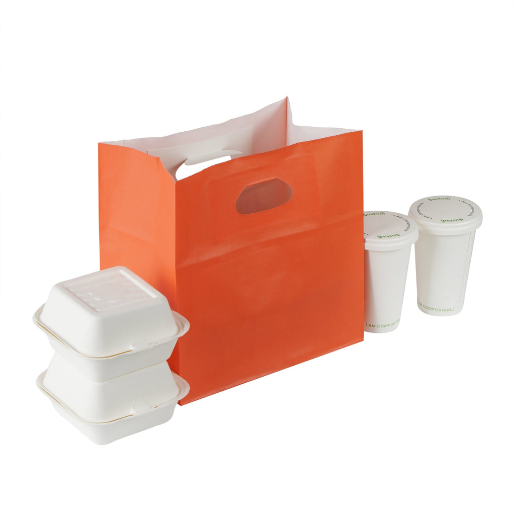 Bag Tek Rectangle Tangerine Orange Paper Take Out Bag - with Handles - 11" x 7" x 11" - 100 count box
