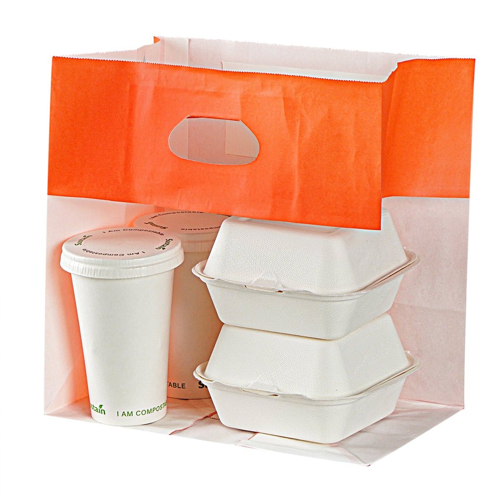Bag Tek Rectangle Tangerine Orange Paper Take Out Bag - with Handles - 11" x 7" x 11" - 100 count box