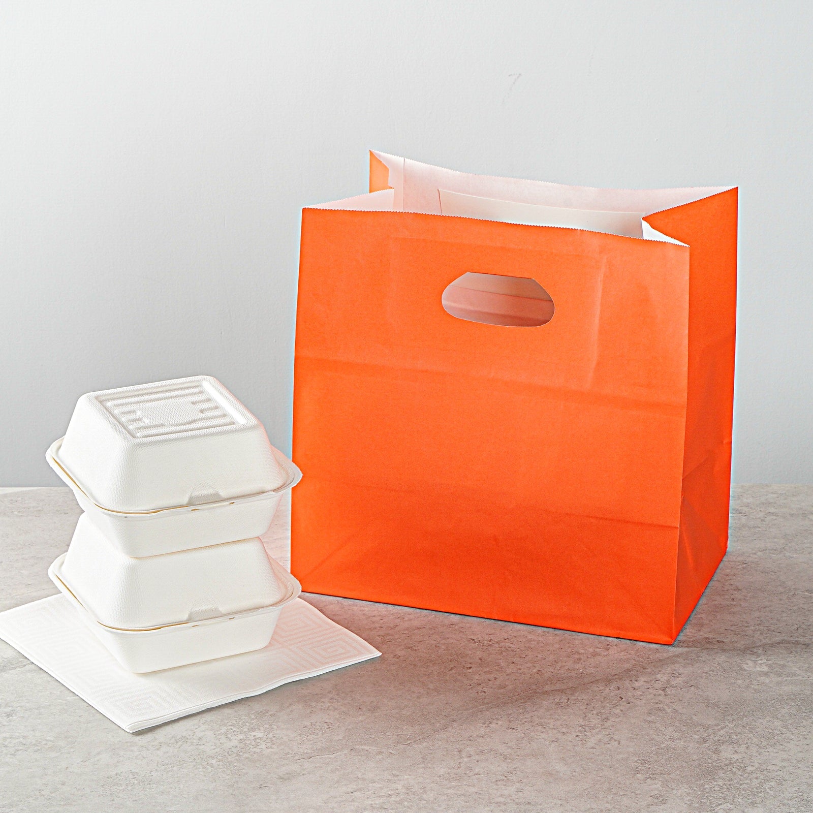 Bag Tek Rectangle Tangerine Orange Paper Take Out Bag - with Handles - 11" x 7" x 11" - 100 count box