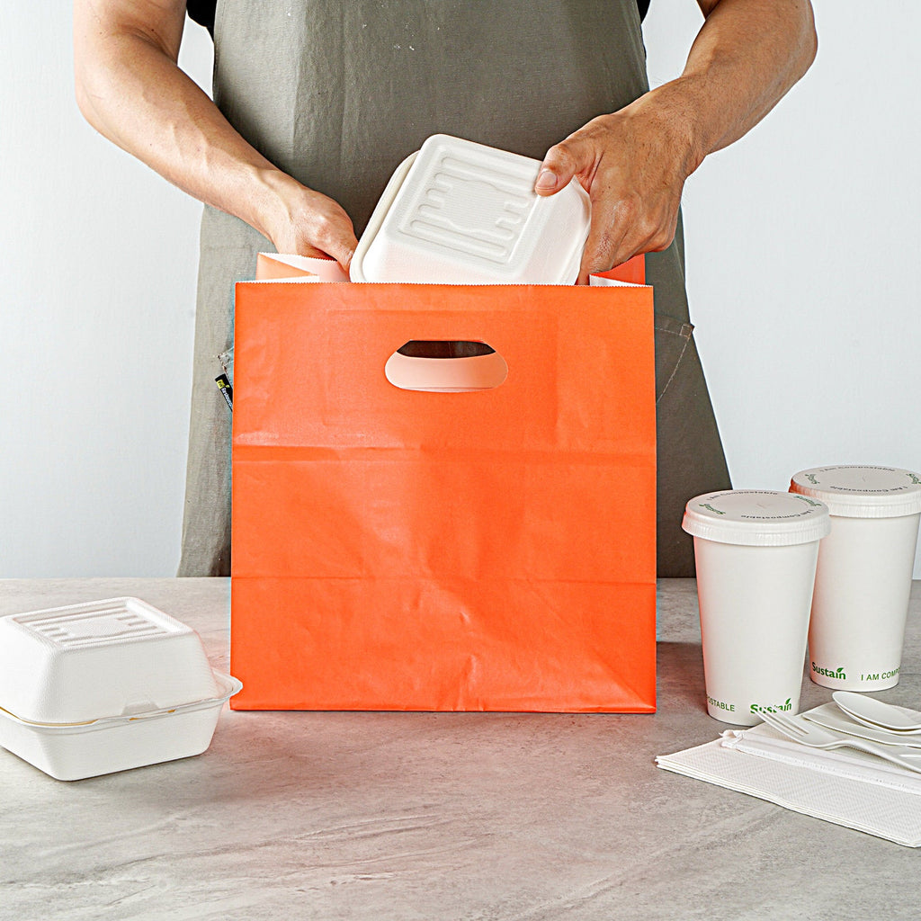 Bag Tek Rectangle Tangerine Orange Paper Take Out Bag - with Handles - 11" x 7" x 11" - 100 count box