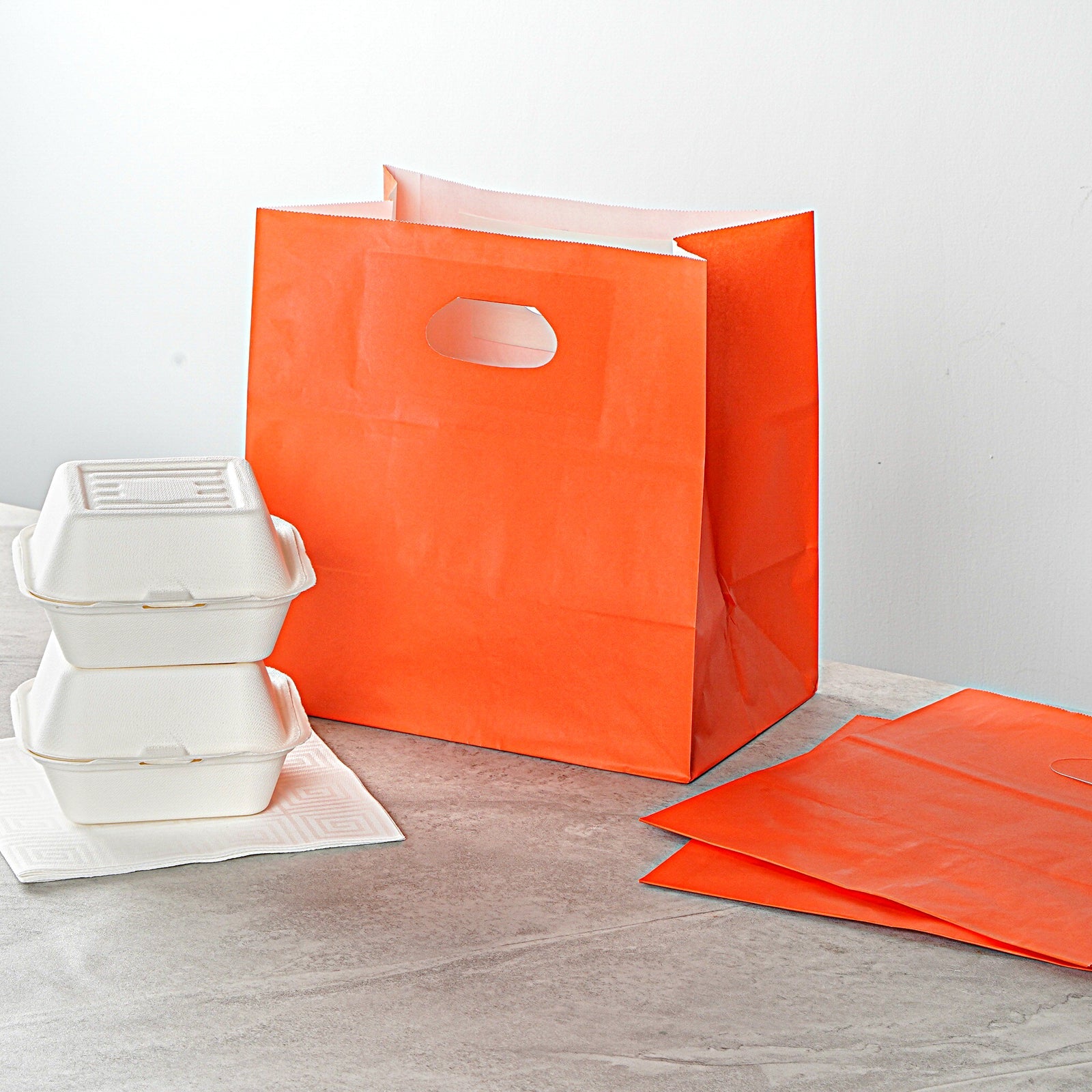 Bag Tek Rectangle Tangerine Orange Paper Take Out Bag - with Handles - 11" x 7" x 11" - 100 count box