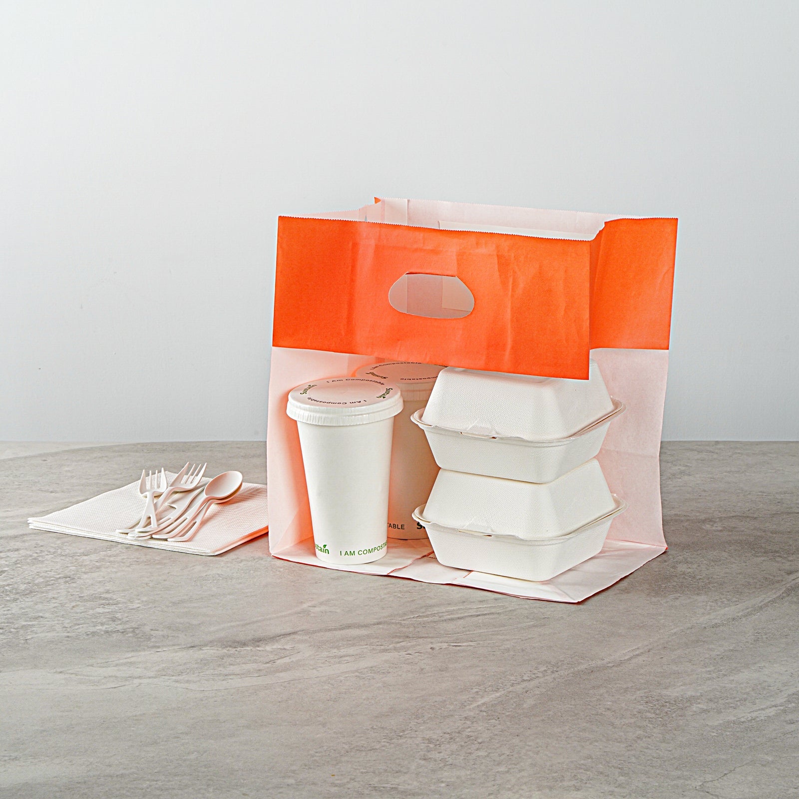 Bag Tek Rectangle Tangerine Orange Paper Take Out Bag - with Handles - 11" x 7" x 11" - 100 count box
