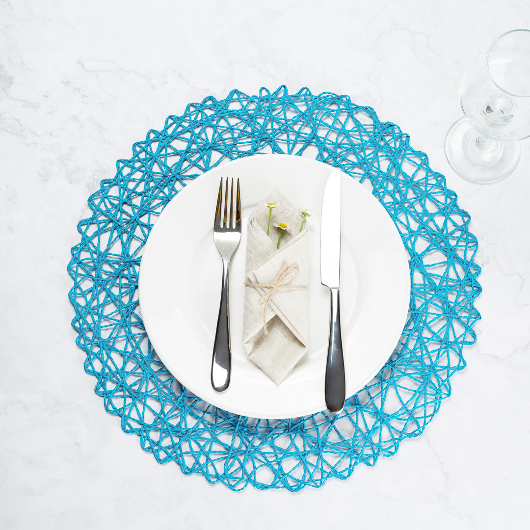 Spinweave Round Cerulean Blue Paper Handmade Placemat - Semi-Disposable - 15" x 15" - 6 count box
