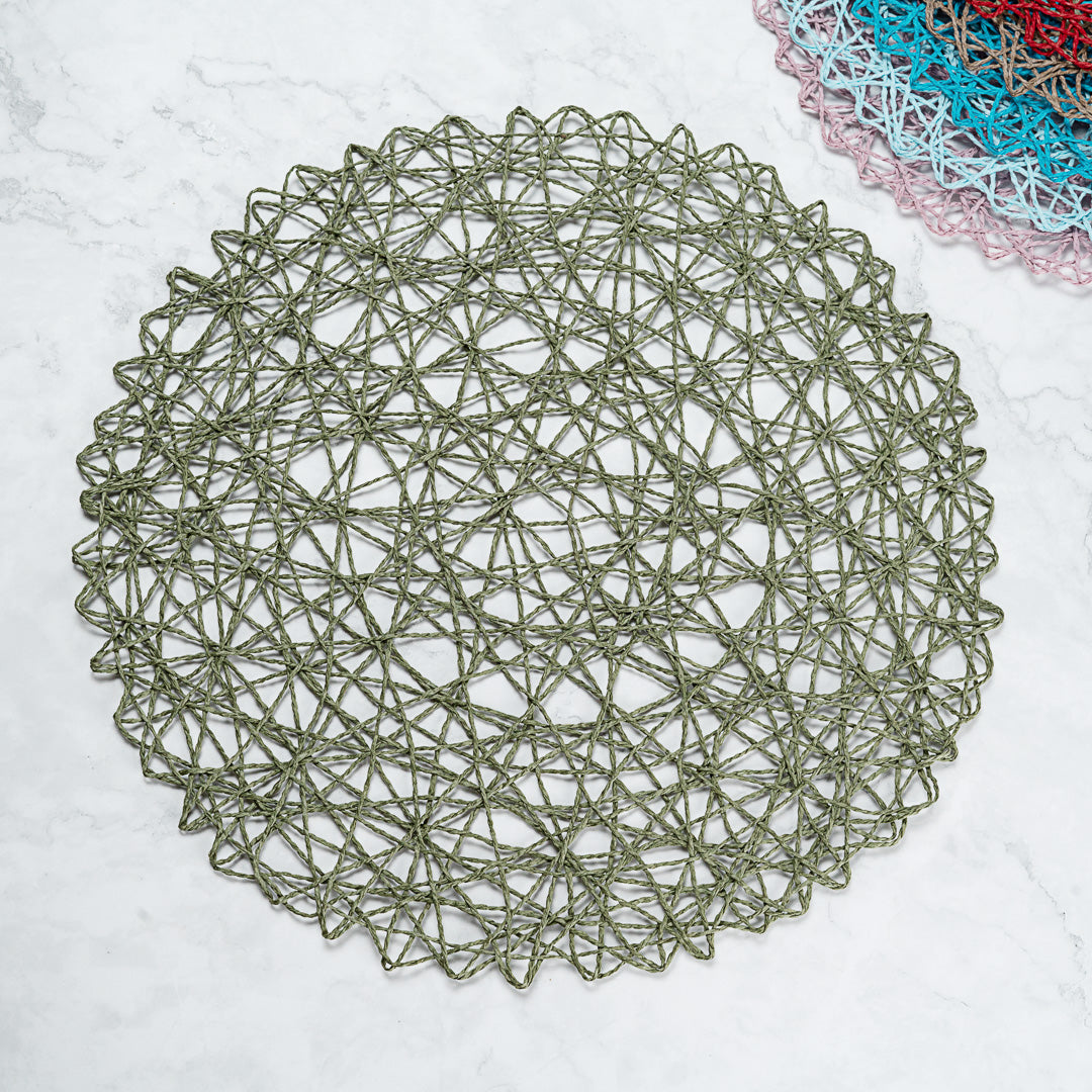 Spinweave Round Green Paper Handmade Placemat - Semi-Disposable - 15" x 15" - 6 count box