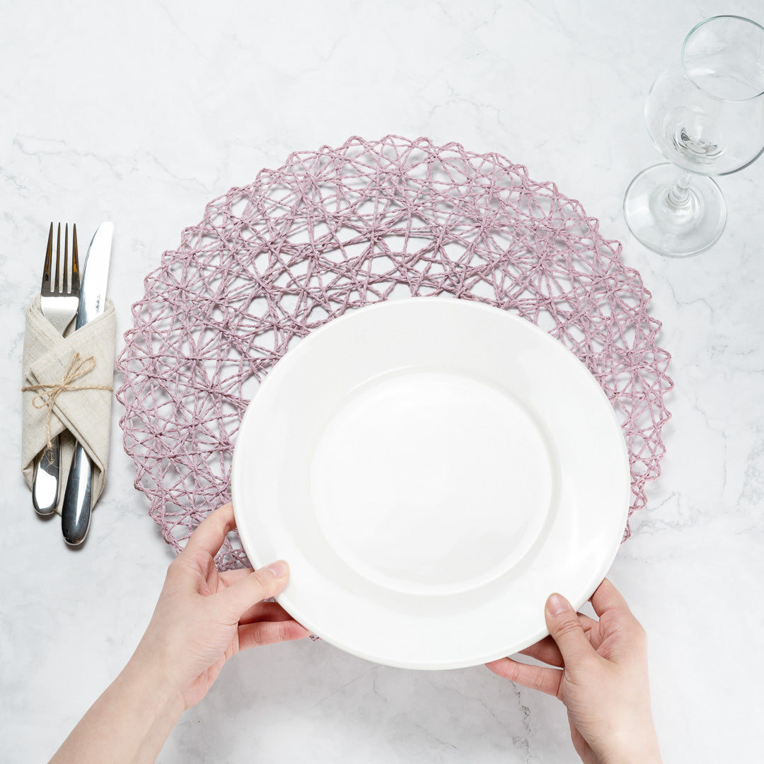 Spinweave Round Pink Paper Handmade Placemat - Semi-Disposable - 15" x 15" - 6 count box
