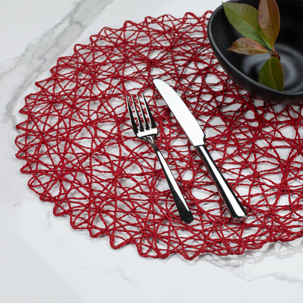 Spinweave Round Red Paper Handmade Placemat - Semi-Disposable - 15" x 15" - 6 count box