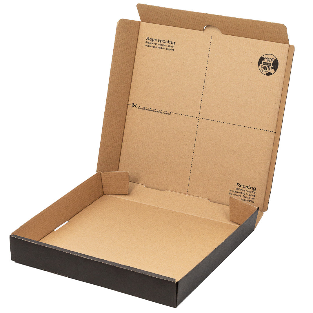 Eco Pie Kraft and Black Paper Corrugated Pizza Box - Repurpose for Plates - 10 3/4" x 10 3/4" x 1 3/4" - 50 count box
