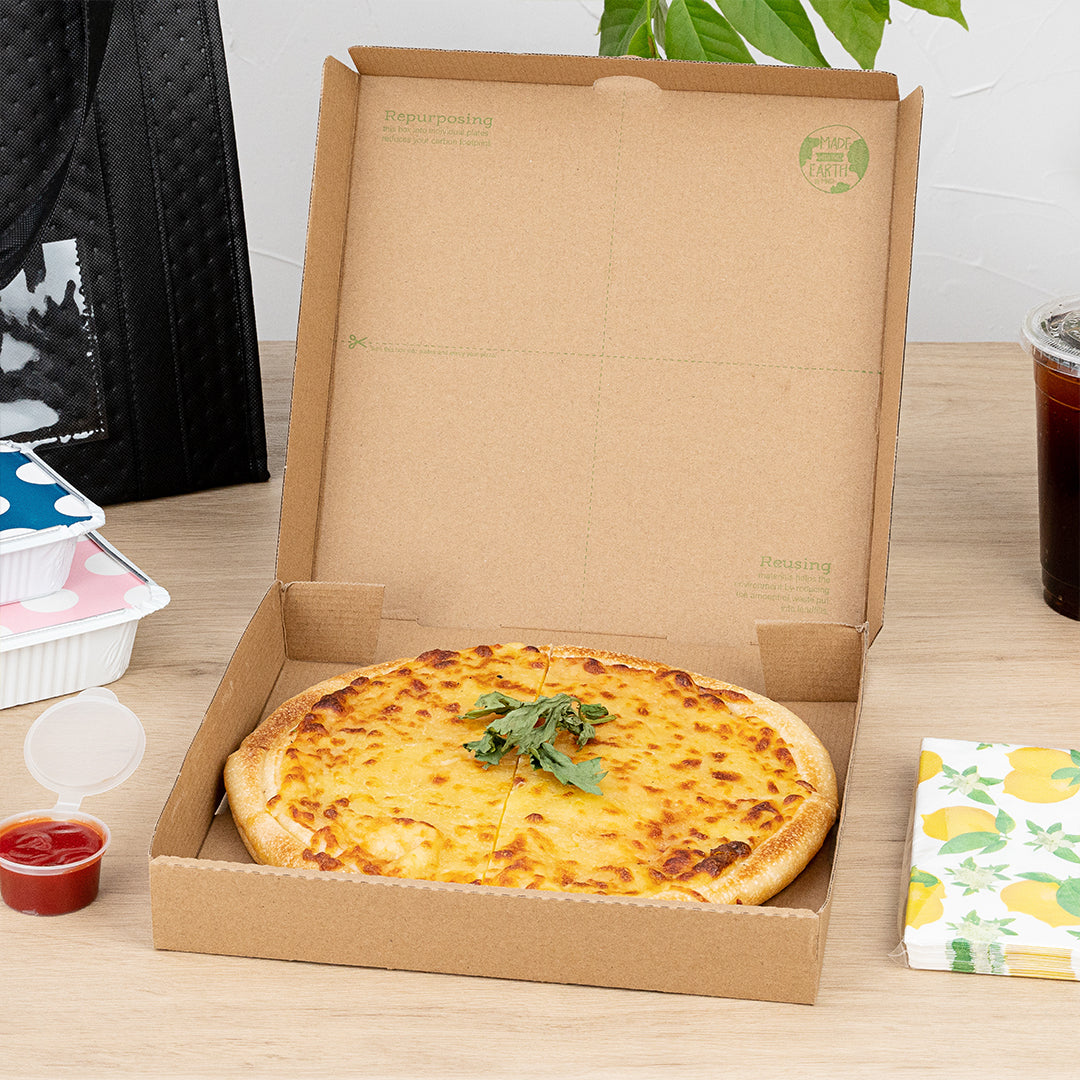 Eco Pie Kraft and Green Paper Corrugated Pizza Box - Repurpose for Plates - 10 3/4" x 10 3/4" x 1 3/4" - 50 count box