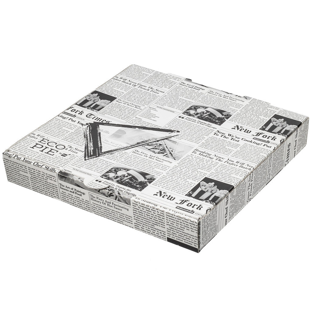 Eco Pie Newsprint and White Paper Corrugated Pizza Box - Repurpose for Plates - 10 3/4" x 10 3/4" x 1 3/4" - 50 count box
