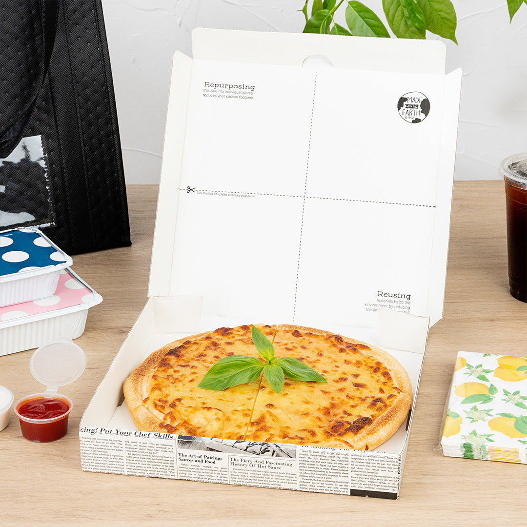 Eco Pie Newsprint and White Paper Corrugated Pizza Box - Repurpose for Plates - 10 3/4" x 10 3/4" x 1 3/4" - 50 count box