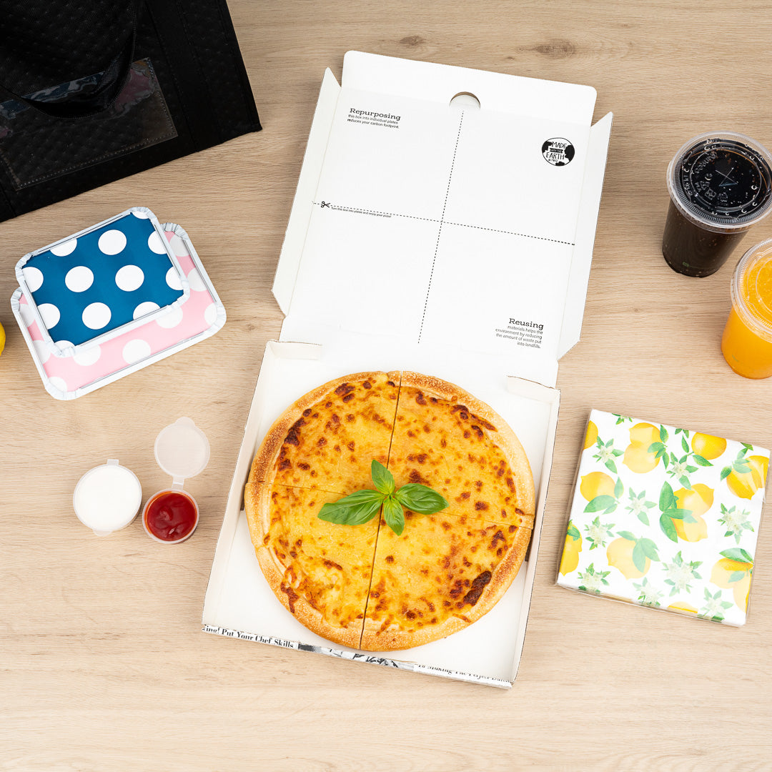 Eco Pie Newsprint and White Paper Corrugated Pizza Box - Repurpose for Plates - 10 3/4" x 10 3/4" x 1 3/4" - 50 count box