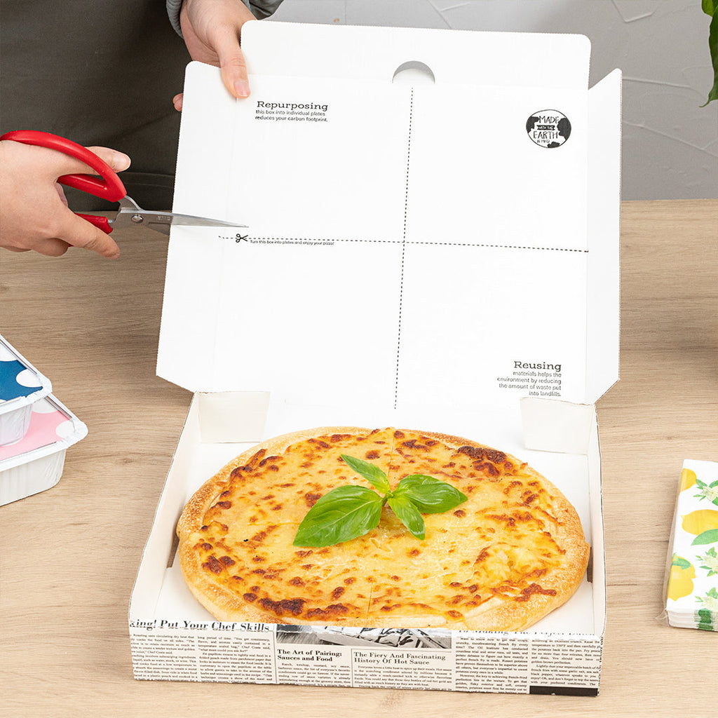 Eco Pie Newsprint and White Paper Corrugated Pizza Box - Repurpose for Plates - 10 3/4" x 10 3/4" x 1 3/4" - 50 count box