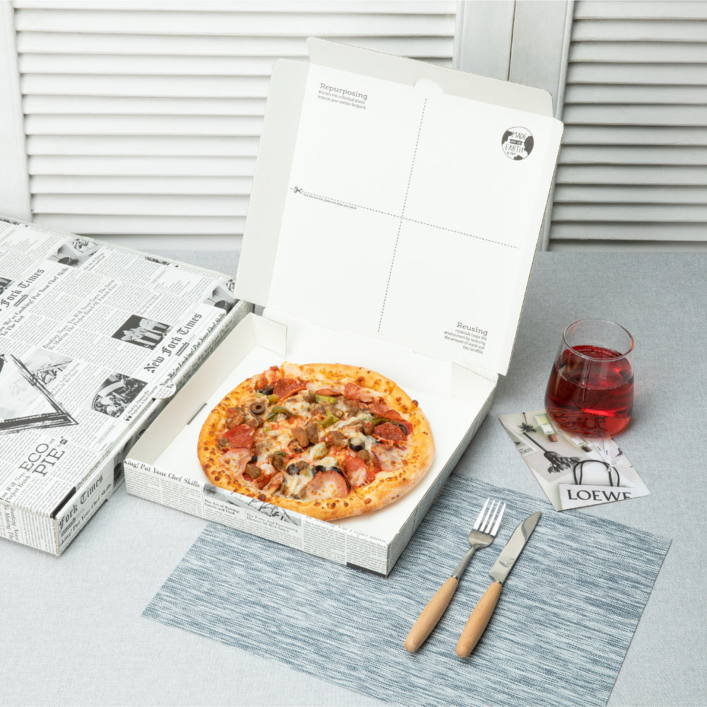 Eco Pie Newsprint and White Paper Corrugated Pizza Box - Repurpose for Plates - 12 1/2" x 12 1/2" x 1 3/4" - 50 count box