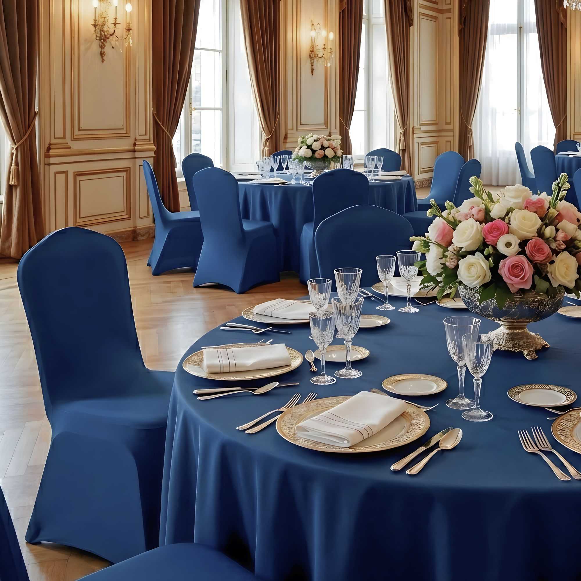 Table Tek Blue Spandex Banquet Chair Cover - Universal, Stretch - 1 count box