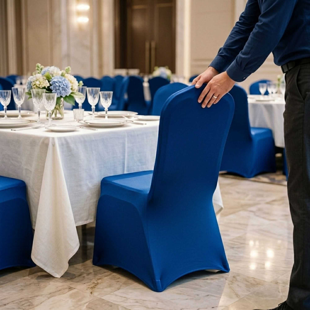 Table Tek Blue Spandex Banquet Chair Cover - Universal, Stretch - 10 count box
