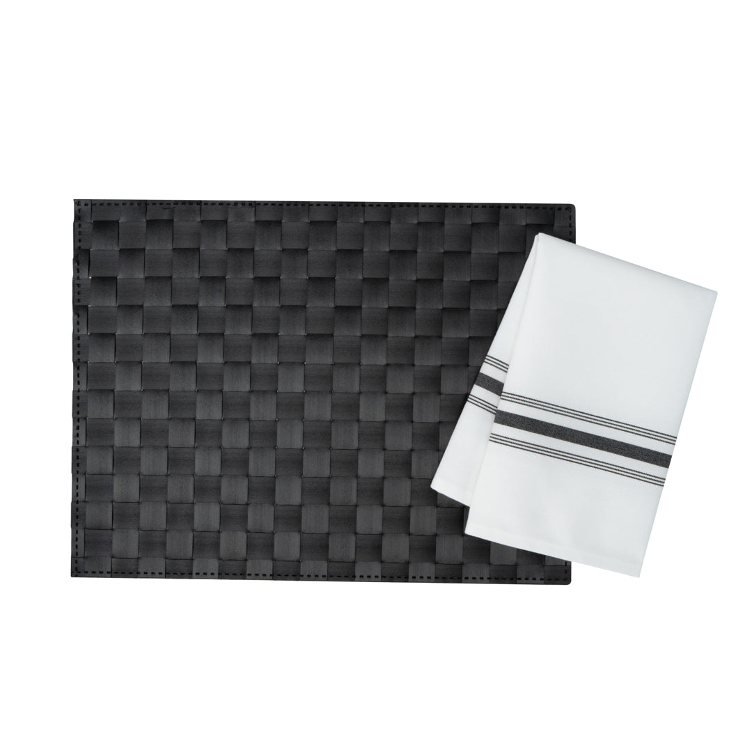 Luxenap White Woven Cloth Bistro Napkin - Black Stripe - 18 1/2" x 22 3/4" - 10 count box