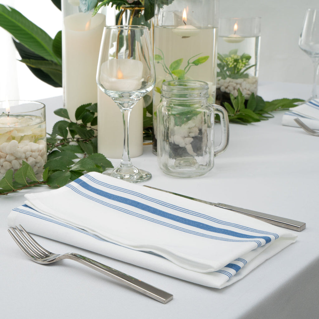 Luxenap White Woven Cloth Bistro Napkin - Blue Stripe - 18 1/2" x 22 3/4" - 10 count box