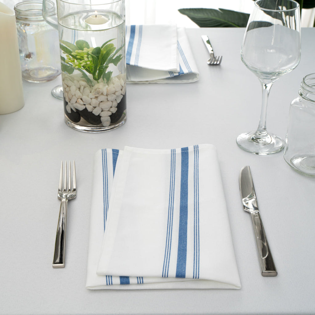 Luxenap White Woven Cloth Bistro Napkin - Blue Stripe - 18 1/2" x 22 3/4" - 10 count box