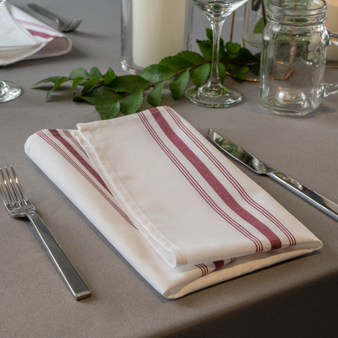 Luxenap White Woven Cloth Bistro Napkin - Burgundy Stripe - 18 1/2" x 22 3/4" - 10 count box