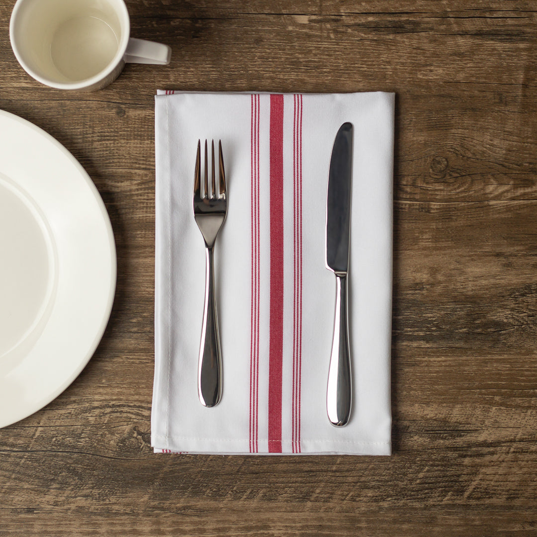 Luxenap White Woven Cloth Bistro Napkin - Red Stripe - 18 1/2" x 22 3/4" - 10 count box