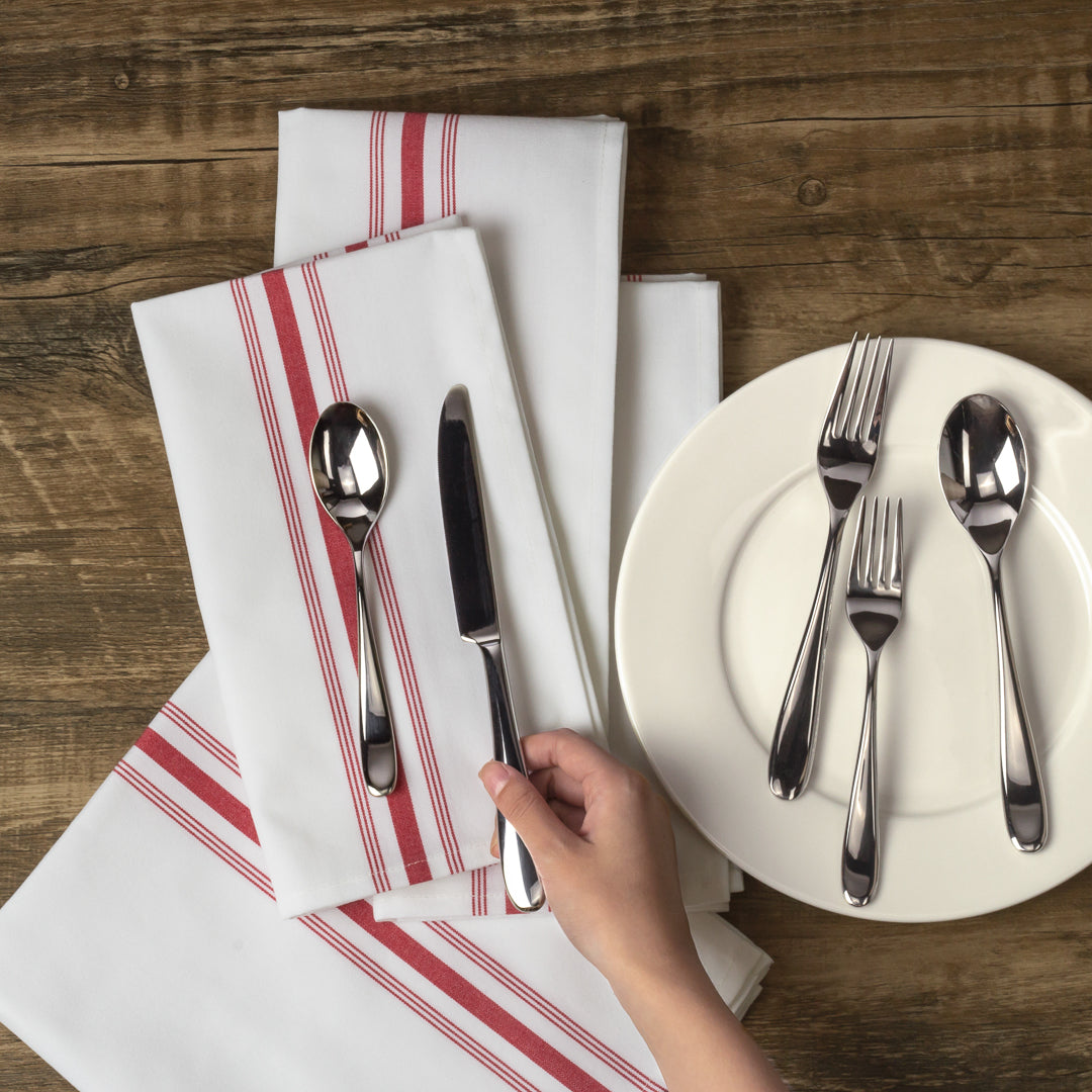 Luxenap White Woven Cloth Bistro Napkin - Red Stripe - 18 1/2" x 22 3/4" - 10 count box