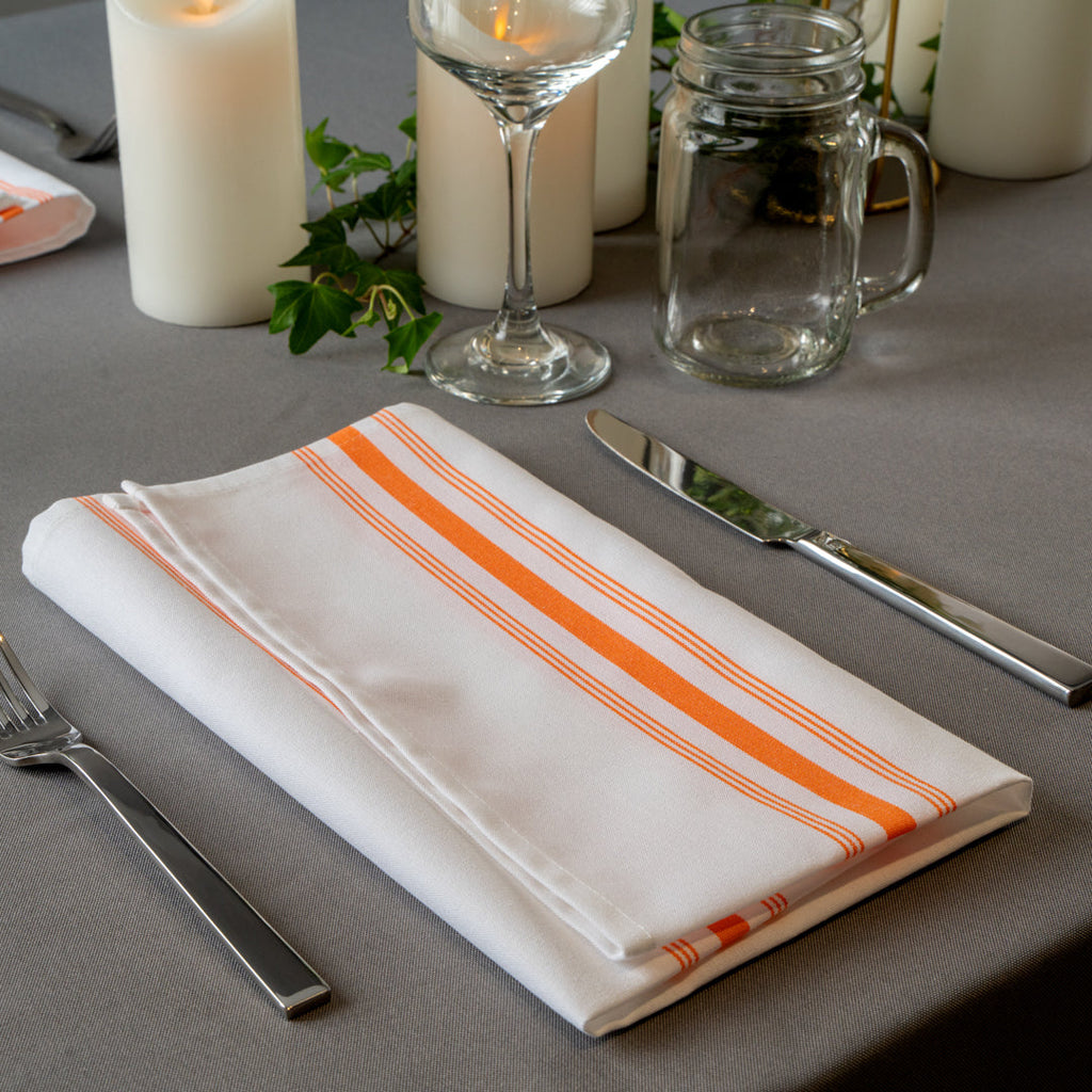 Luxenap White Woven Cloth Bistro Napkin - Orange Stripe - 18 1/2" x 22 3/4" - 10 count box