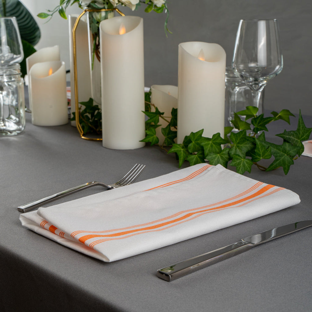 Luxenap White Woven Cloth Bistro Napkin - Orange Stripe - 18 1/2" x 22 3/4" - 10 count box