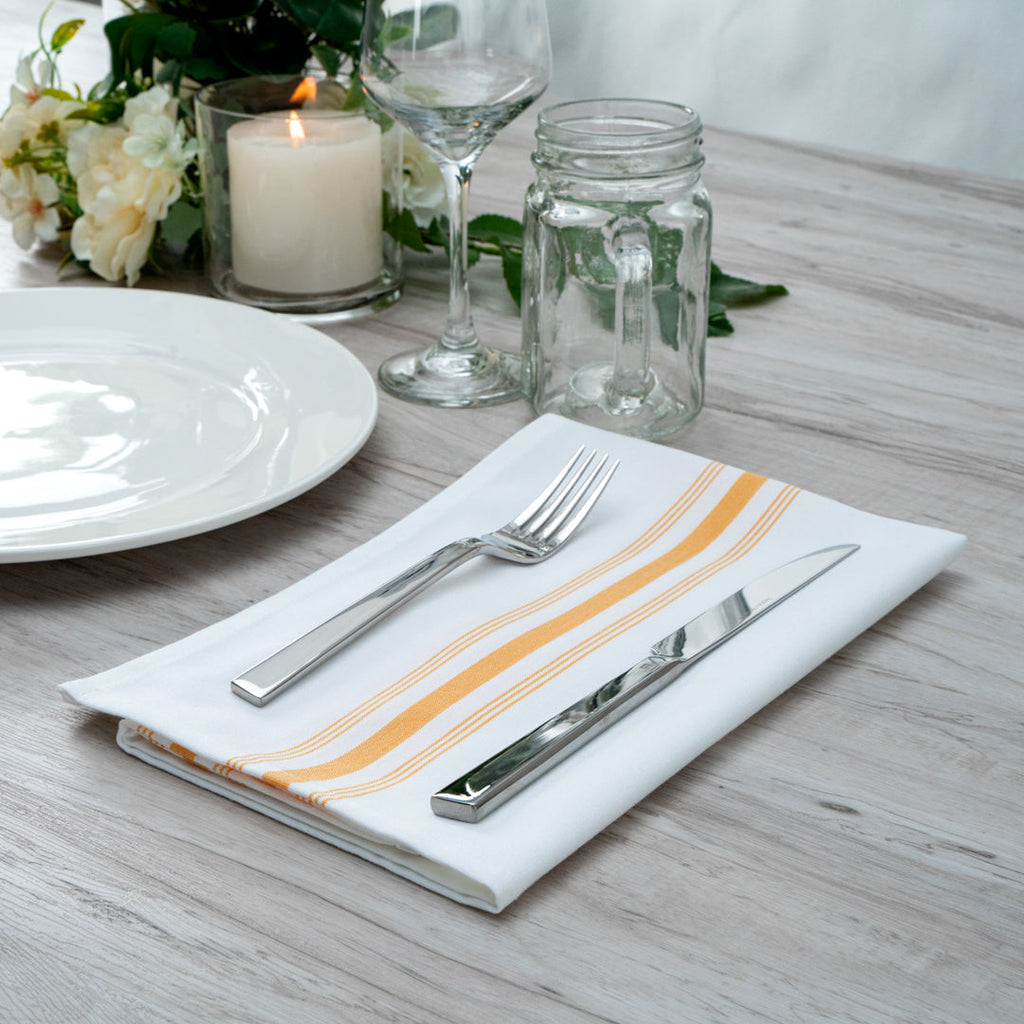 Luxenap White Woven Cloth Bistro Napkin - Yellow Stripe - 18 1/2" x 22 3/4" - 10 count box