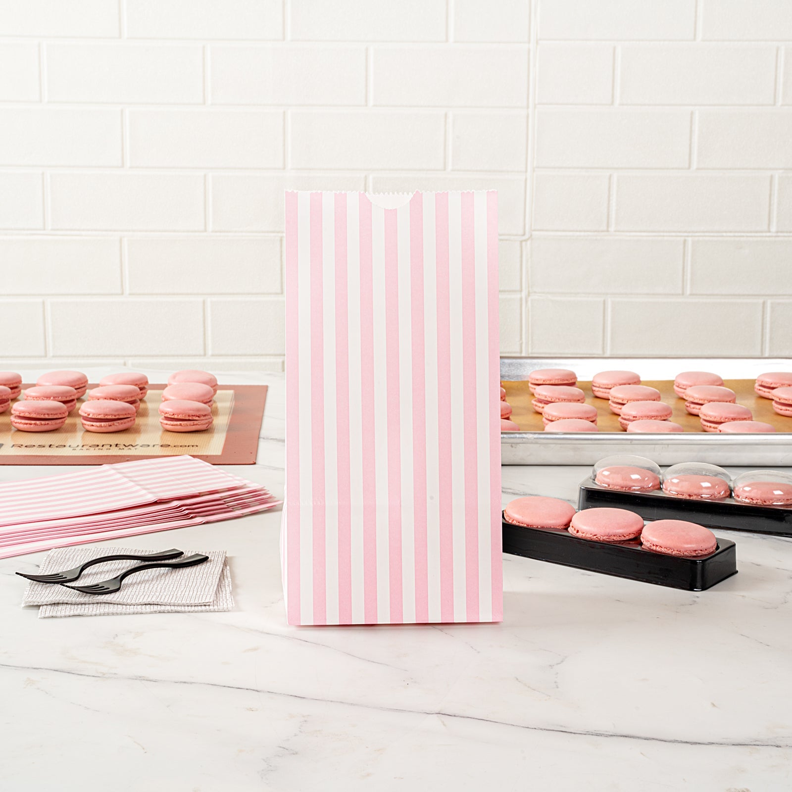 Bag Tek Pink and White Stripe Paper Bag - 2 lb - 4 1/4" x 2 1/4" x 8 1/2" - 100 count box