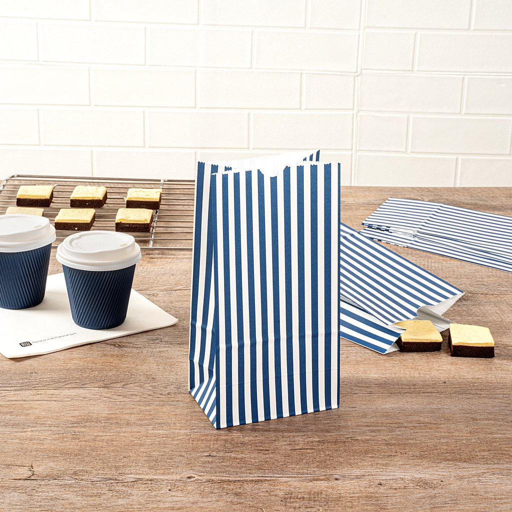 Bag Tek Blue and White Stripe Paper Bag - 4 lb - 5" x 3 1/4" x 9 1/2" - 100 count box