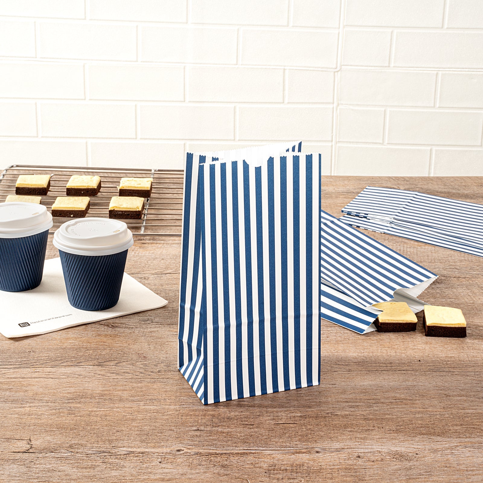 Bag Tek Blue and White Stripe Paper Bag - 4 lb - 5" x 3 1/4" x 9 1/2" - 100 count box