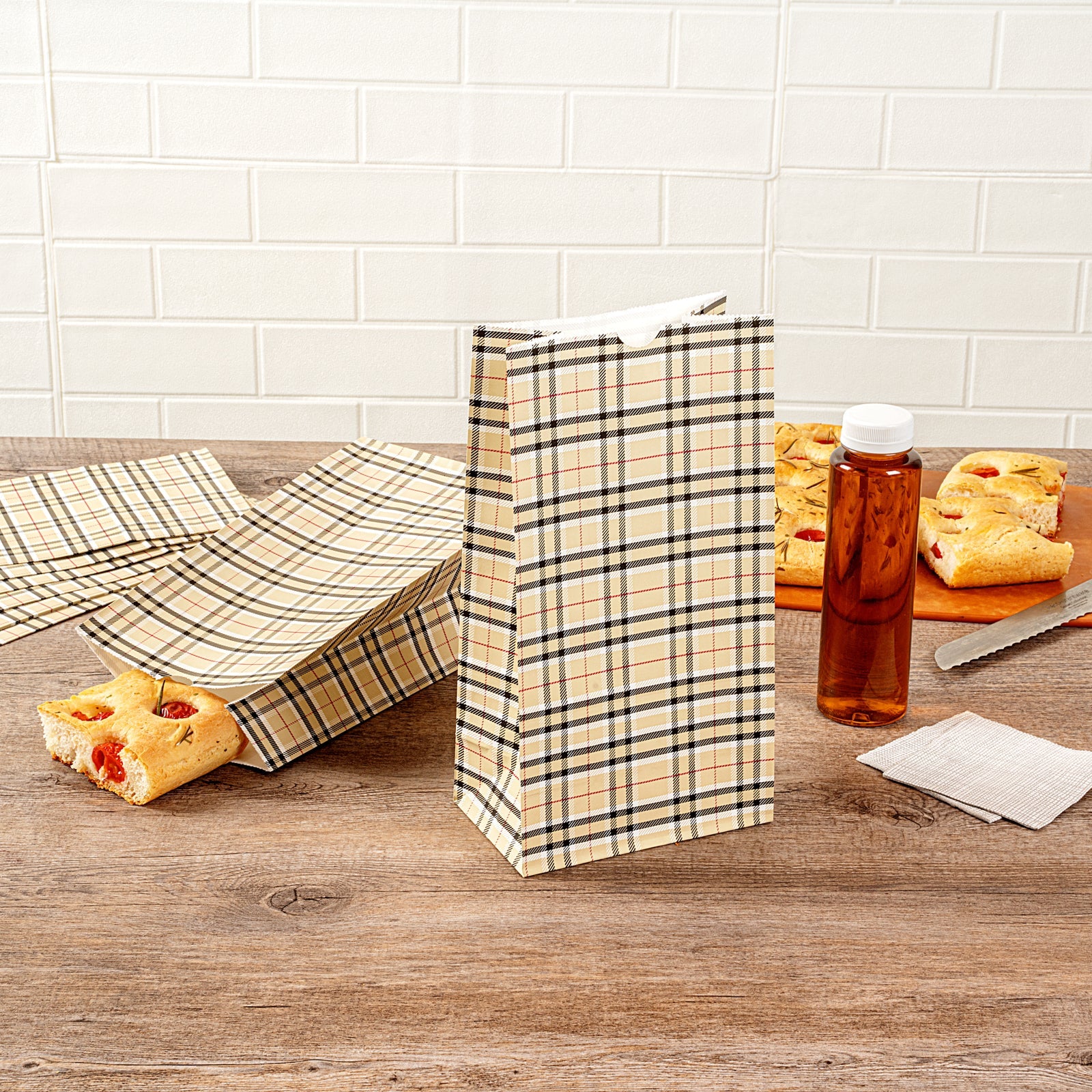 Bag Tek Plaid Paper Bag - 6 lb - 6" x 3 1/2" x 10 3/4" - 100 count box