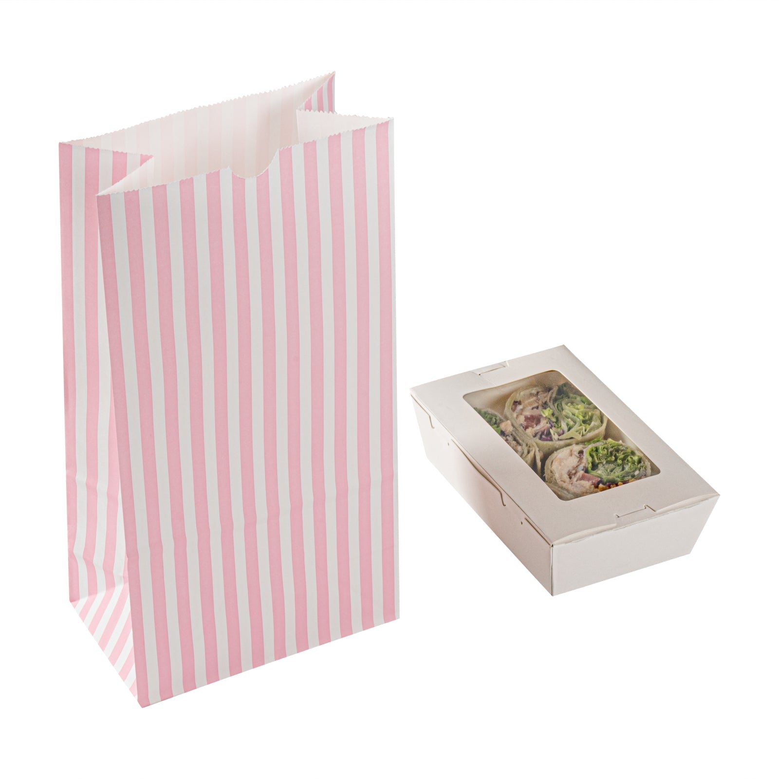 Bag Tek Pink and White Stripe Paper Bag - 6 lb - 6" x 3 1/2" x 10 3/4" - 100 count box