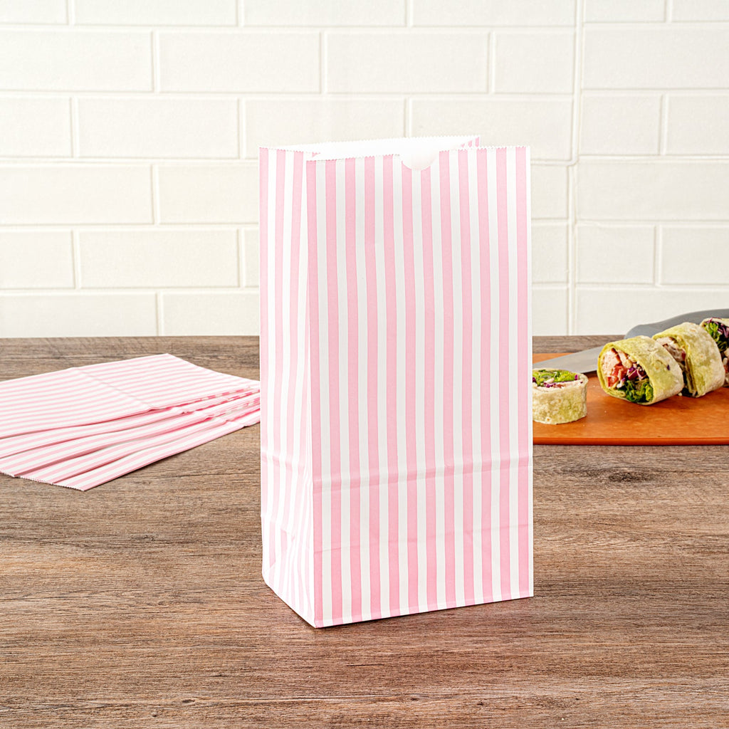 Bag Tek Pink and White Stripe Paper Bag - 6 lb - 6" x 3 1/2" x 10 3/4" - 100 count box