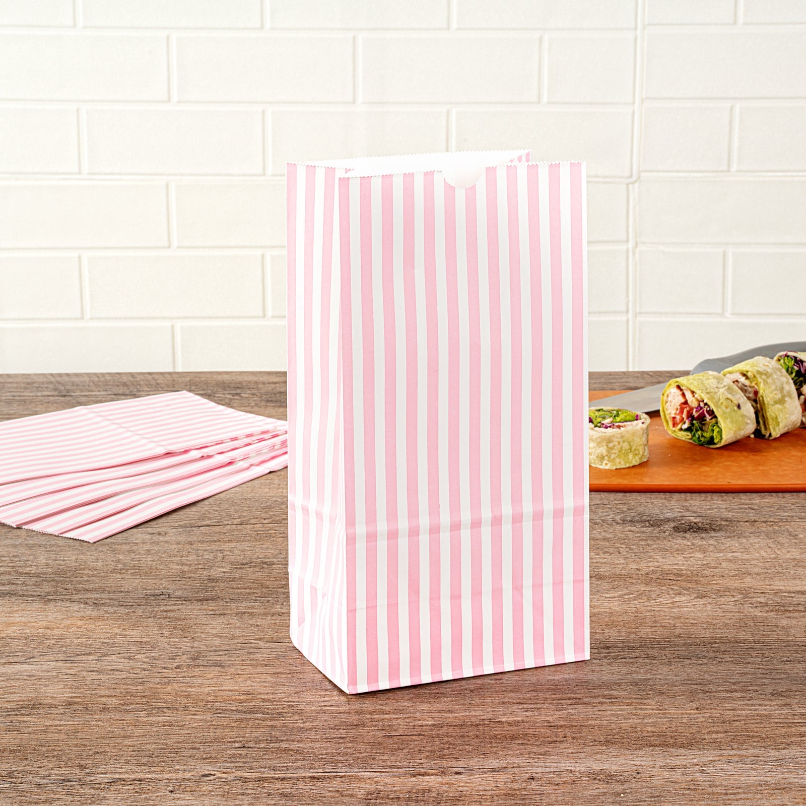 Bag Tek Pink and White Stripe Paper Bag - 6 lb - 6" x 3 1/2" x 10 3/4" - 100 count box