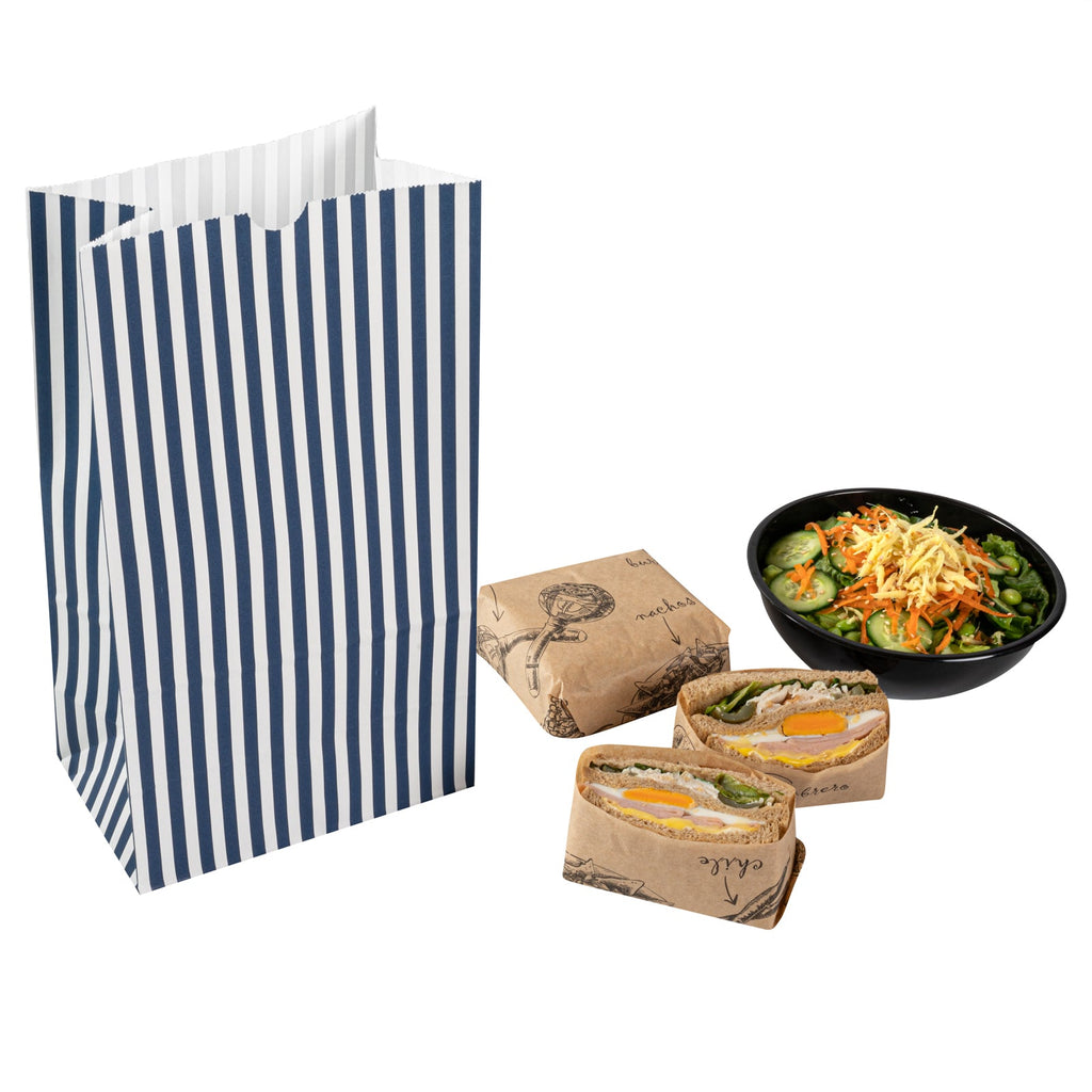Bag Tek Blue and White Stripe Paper Bag - 12 lb - 7" x 4 1/4" x 12 1/2" - 100 count box