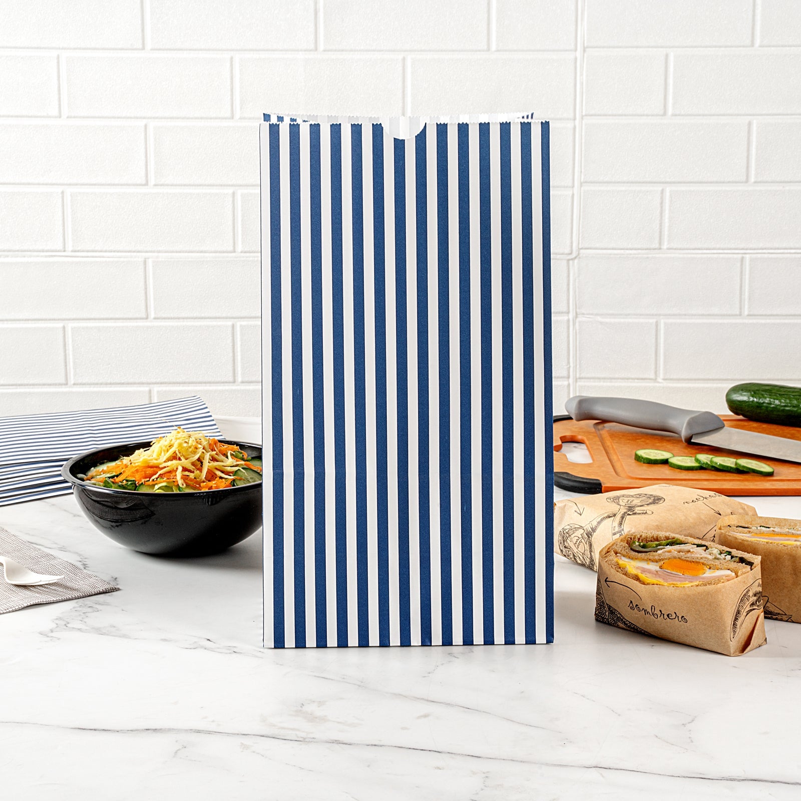 Bag Tek Blue and White Stripe Paper Bag - 12 lb - 7" x 4 1/4" x 12 1/2" - 100 count box