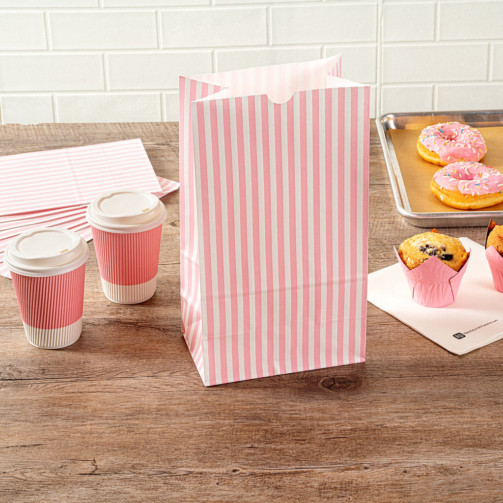 Bag Tek Pink and White Stripe Paper Bag - 12 lb - 7" x 4 1/4" x 12 1/2" - 100 count box