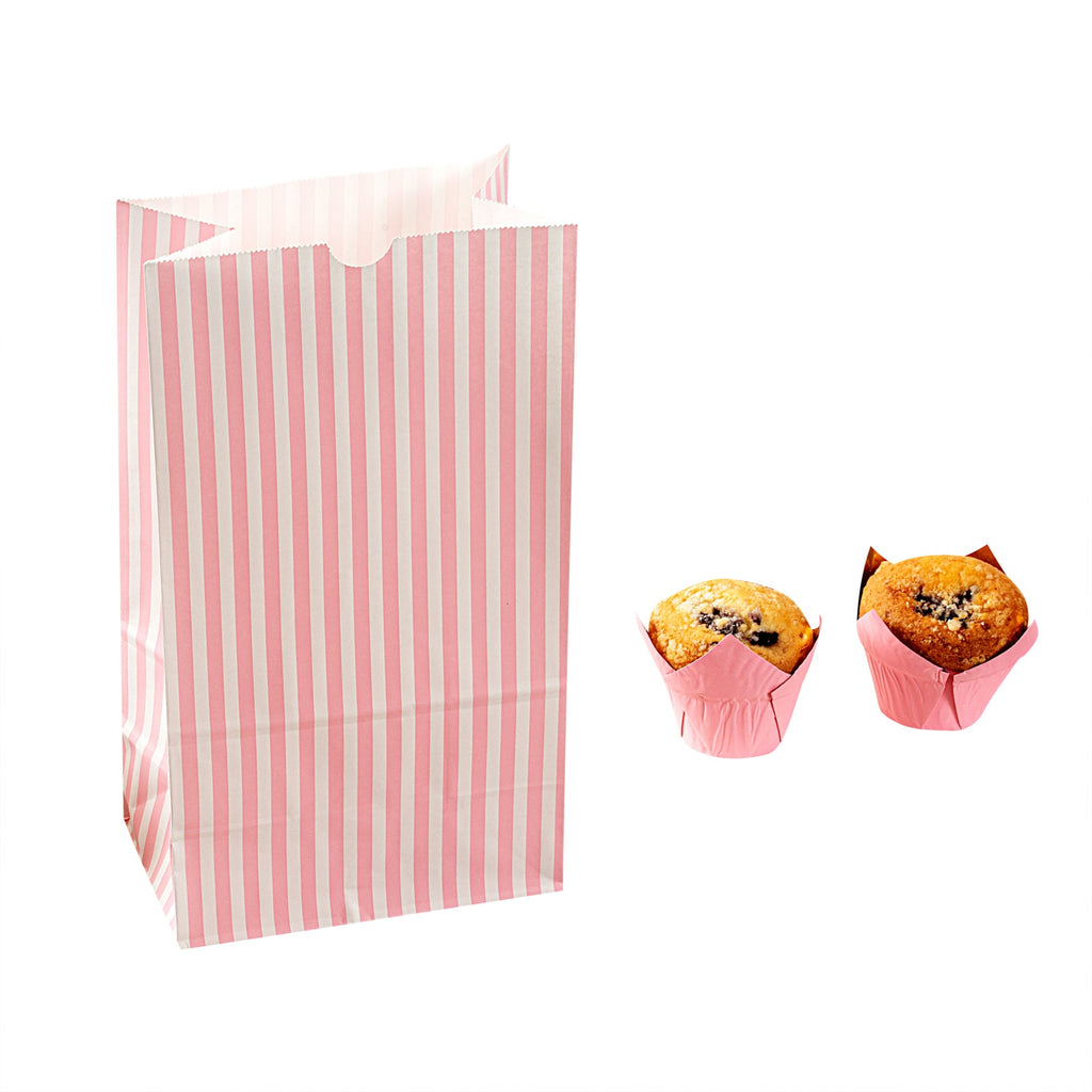 Bag Tek Pink and White Stripe Paper Bag - 12 lb - 7" x 4 1/4" x 12 1/2" - 100 count box