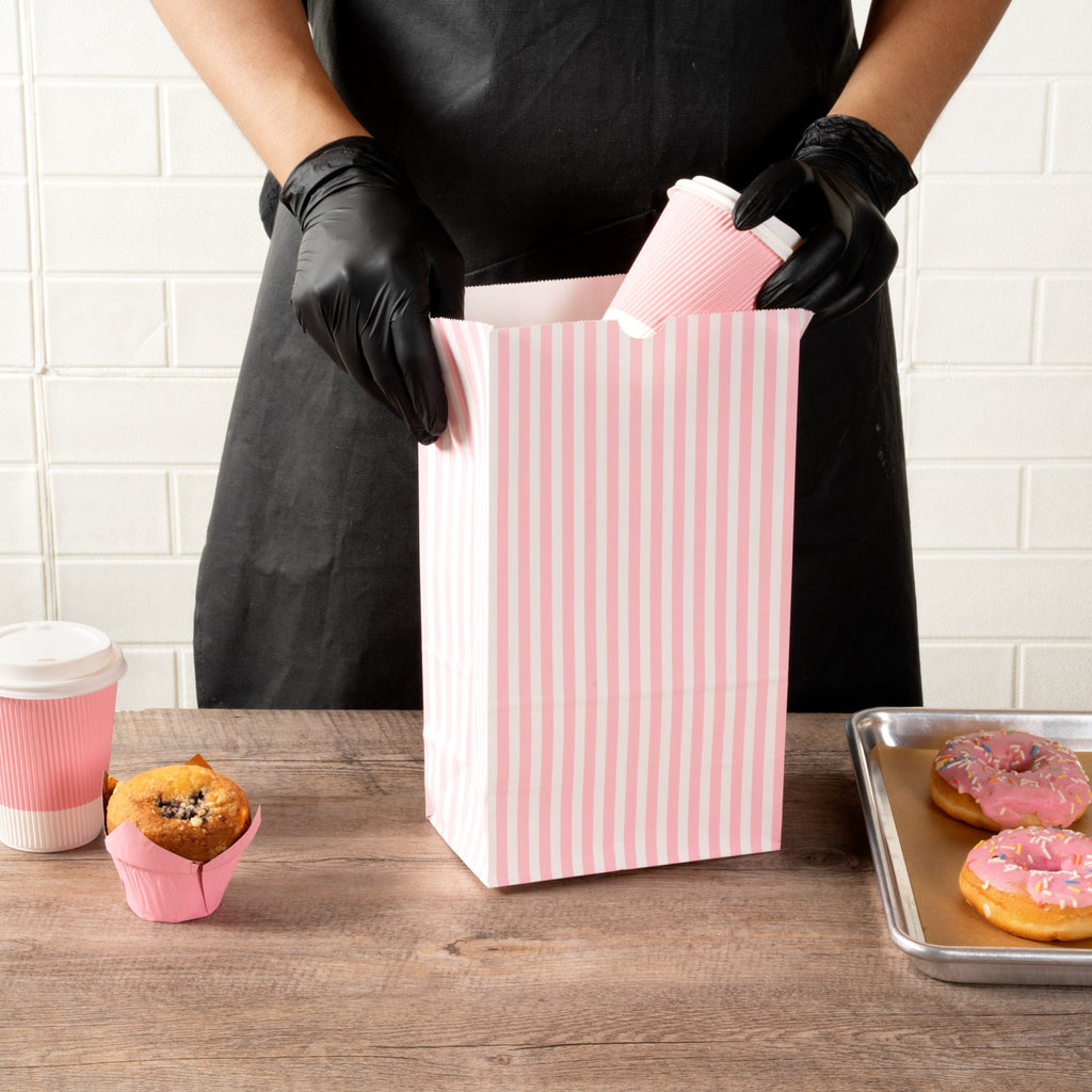 Bag Tek Pink and White Stripe Paper Bag - 12 lb - 7" x 4 1/4" x 12 1/2" - 100 count box