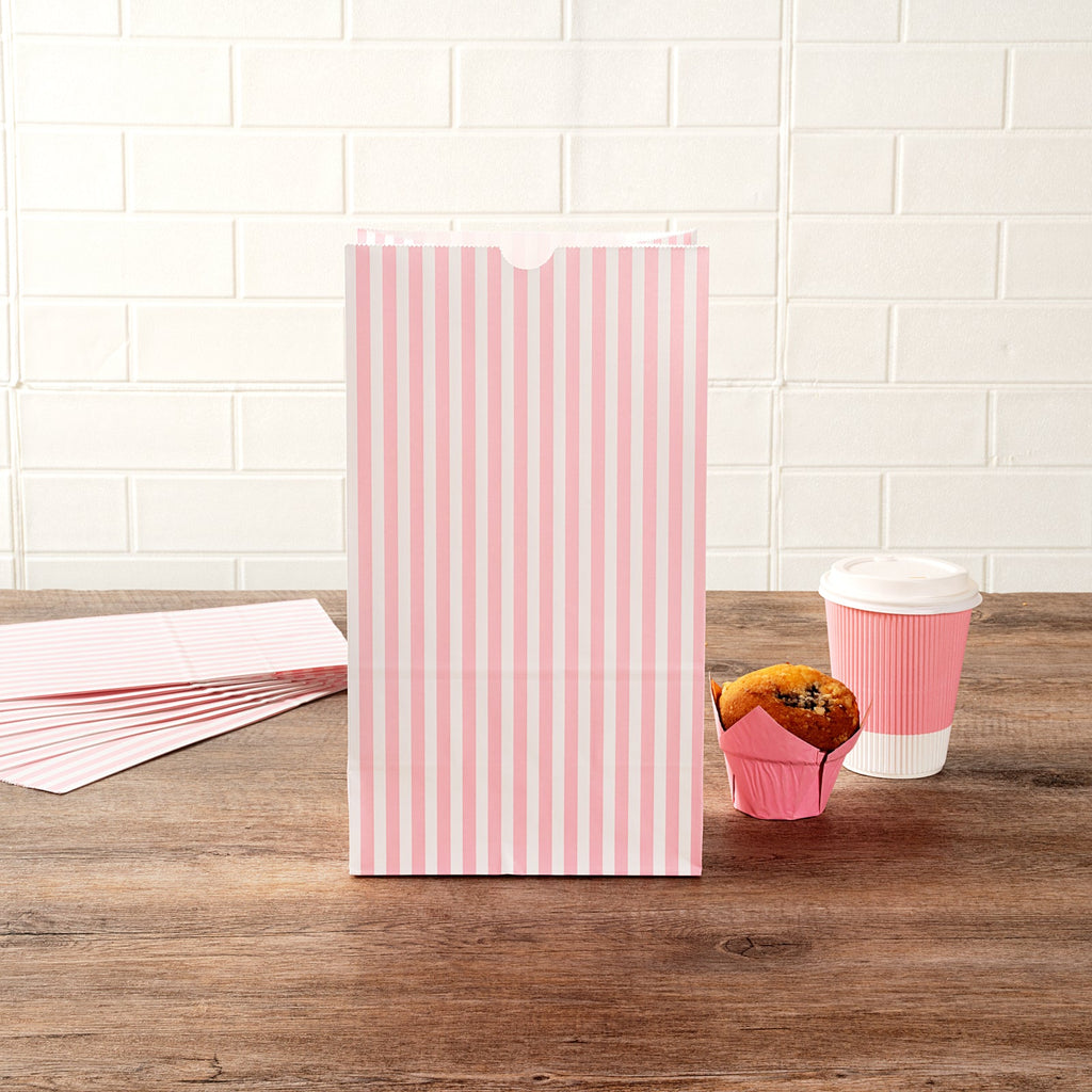 Bag Tek Pink and White Stripe Paper Bag - 12 lb - 7" x 4 1/4" x 12 1/2" - 100 count box