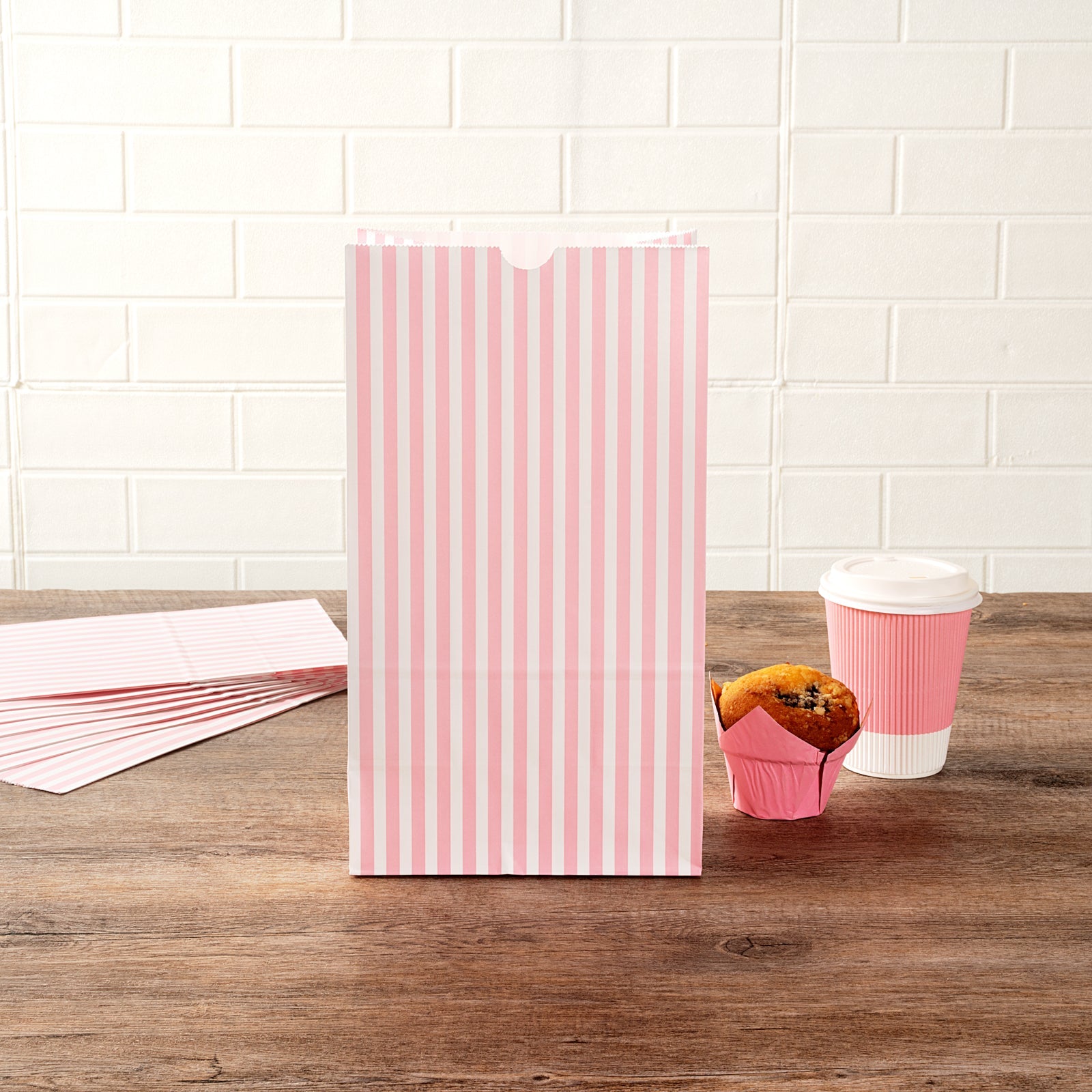 Bag Tek Pink and White Stripe Paper Bag - 12 lb - 7" x 4 1/4" x 12 1/2" - 100 count box
