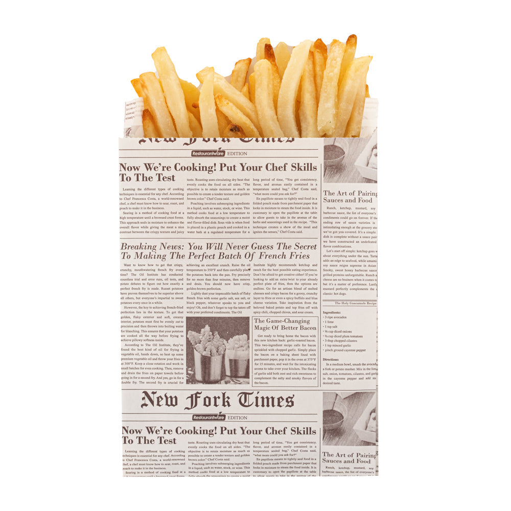 Bag Tek Sepia Newsprint Paper French Fry / Snack Bag - 4 1/4" x 1 1/2" x 6 1/4" - 100 count box