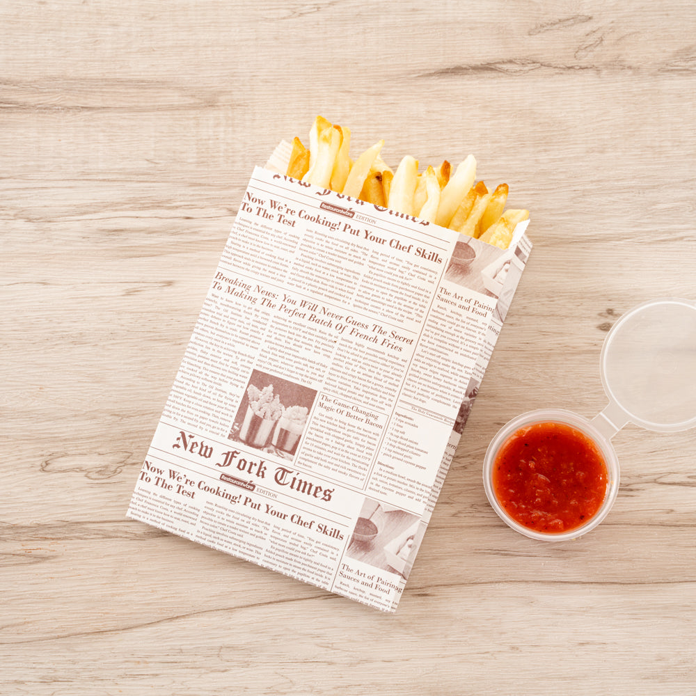 Bag Tek Sepia Newsprint Paper French Fry / Snack Bag - 4 1/4" x 1 1/2" x 6 1/4" - 100 count box