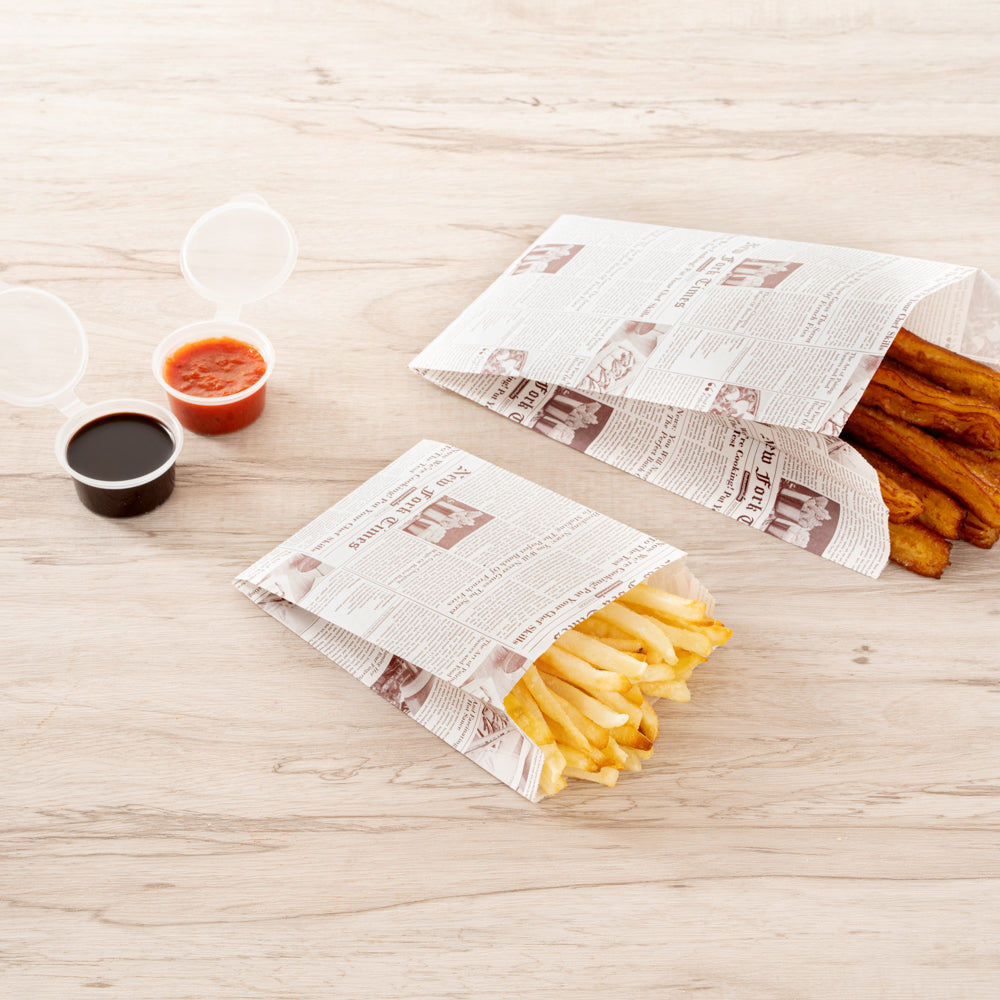 Bag Tek Sepia Newsprint Paper French Fry / Snack Bag - 4 1/4" x 1 1/2" x 6 1/4" - 100 count box