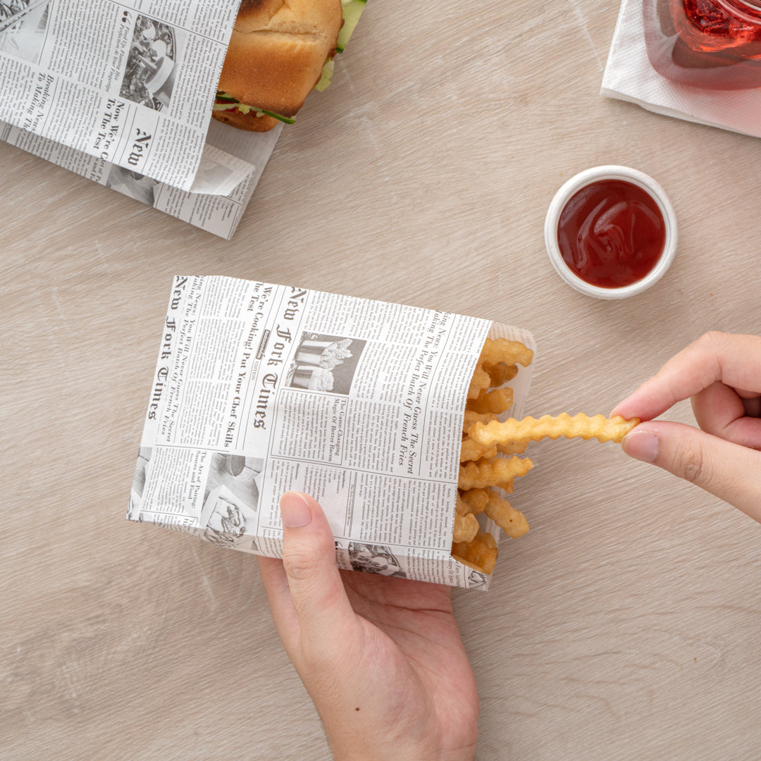 Bag Tek Newsprint Paper French Fry / Snack Bag - 4 1/4" x 1 1/2" x 6 1/4" - 100 count box
